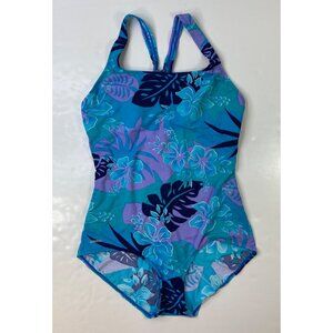 Speedo Womens One-Piece Swimsuit Blue Purple Tropical Floral Print Size 18